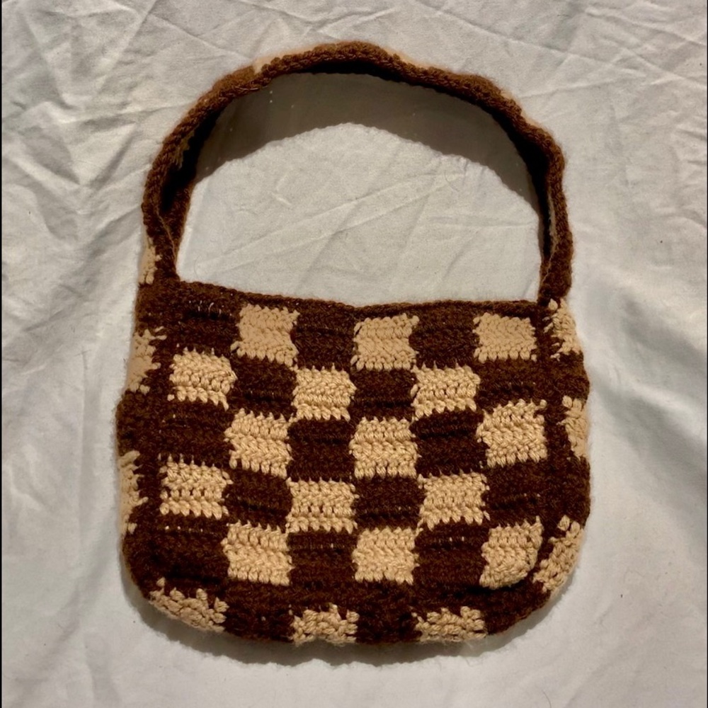 Handmade Crochet Brown Checkered Purse